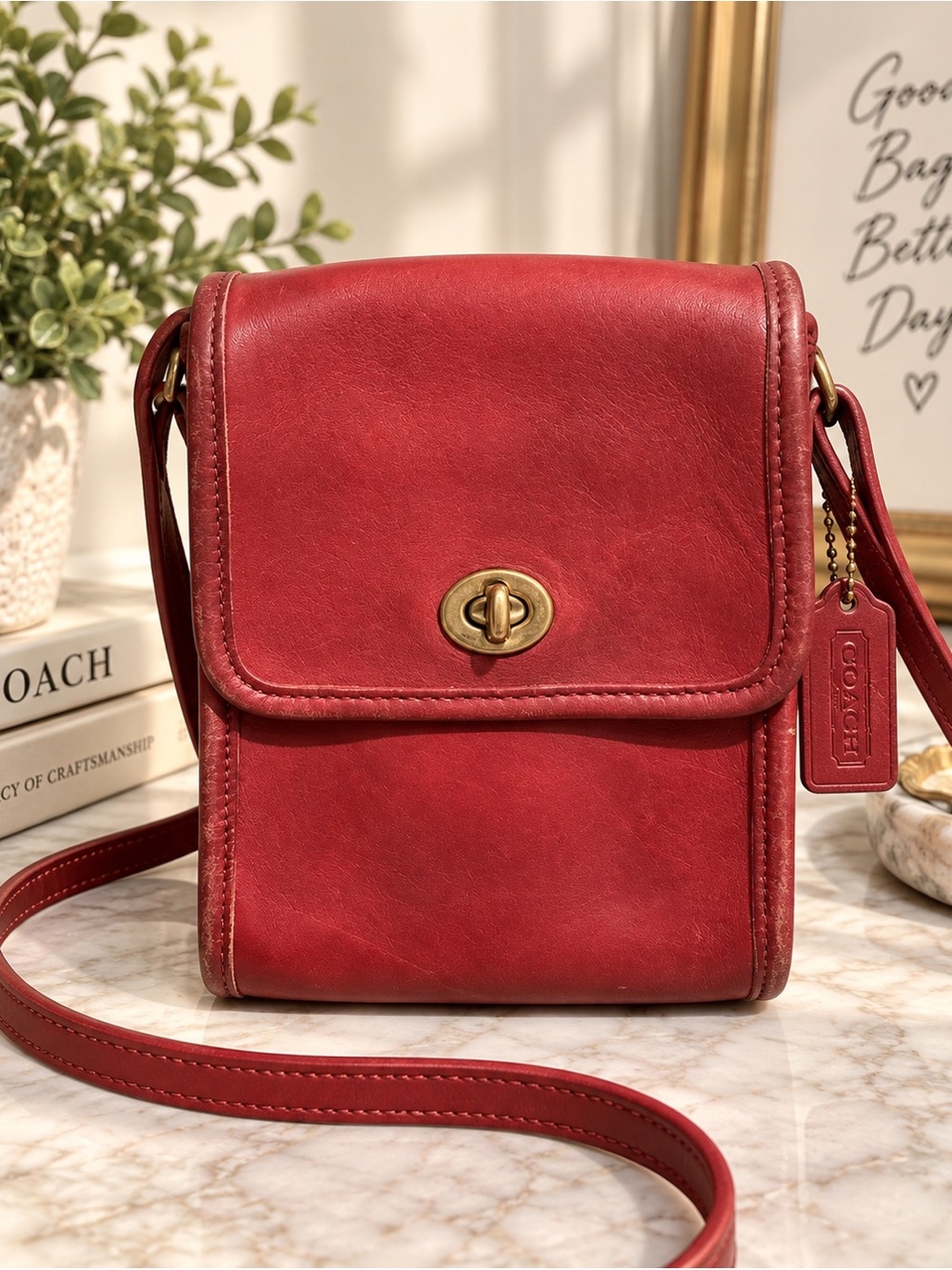 Vintage Coach Scooter Bag Red Leather Crossbody Turnlock 9893 USA (1994)